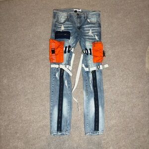 PREME Strap Cargo Biker Jeans Distressed Zipper Pants 32x32